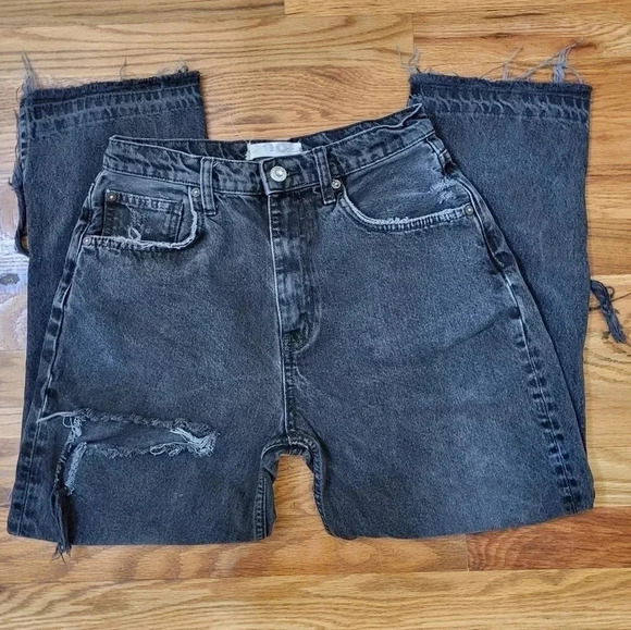 We the Free Free People Black Heavily Distressed Straight Raw Hem Mom Jeans(28) - Picture 3 of 13